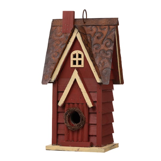Glitzhome® 12" Hanging Distressed Red Cottage Solid Wood Birdhouse